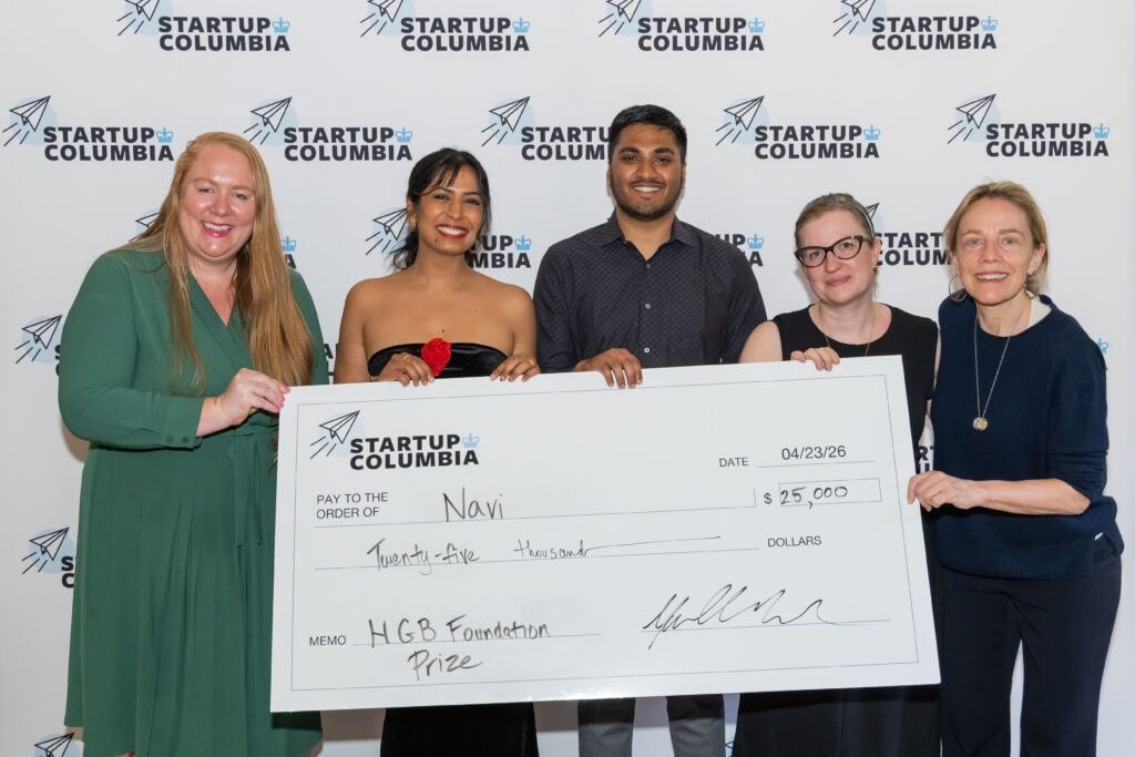 Helen Gurley Brown Foundation Prize Winners Sumana Palles and Kavin Aravindhan with Christina Adams, Executive Director at the Helen Gurley Brown Foundation, Yvette Miller, Managing Director at the Campbell Center for Entrepreneurship at Columbia, and Sarah Holloway, SIPA Faculty | Brooke Slezak Photography