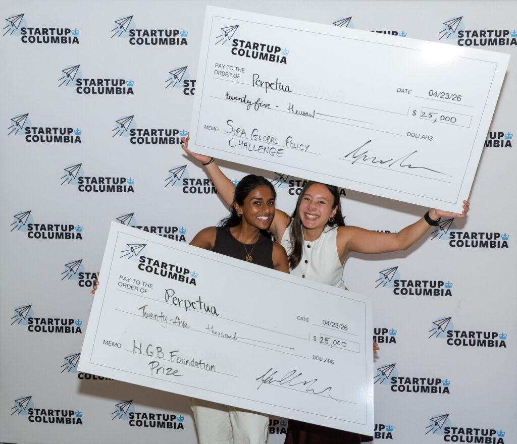 Winners of the SIPA Global Policy Challenge Track and the Helen Gurley Brown Foundation Prize: Shruti Das ’26SIPA; Jacqueline Deprey ’26CBS/SEAS, Founders of Perpetua | Brooke Slezak Photography
